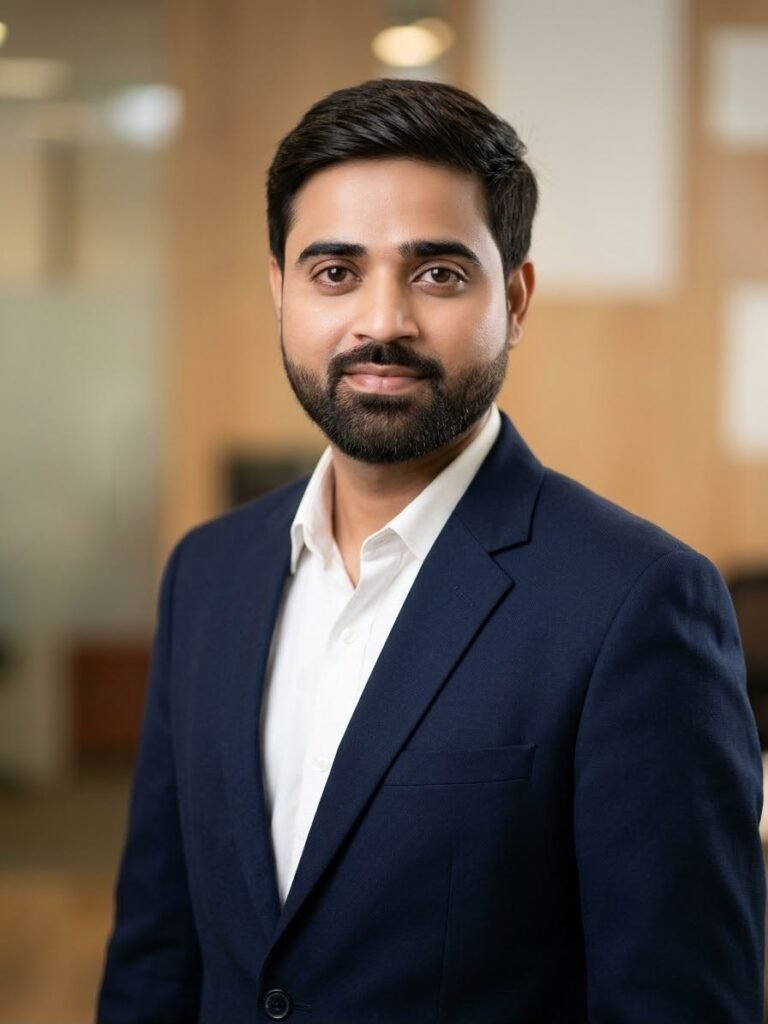Arpit Damami in a navy blazer and white shirt, smiling slightly at the camera